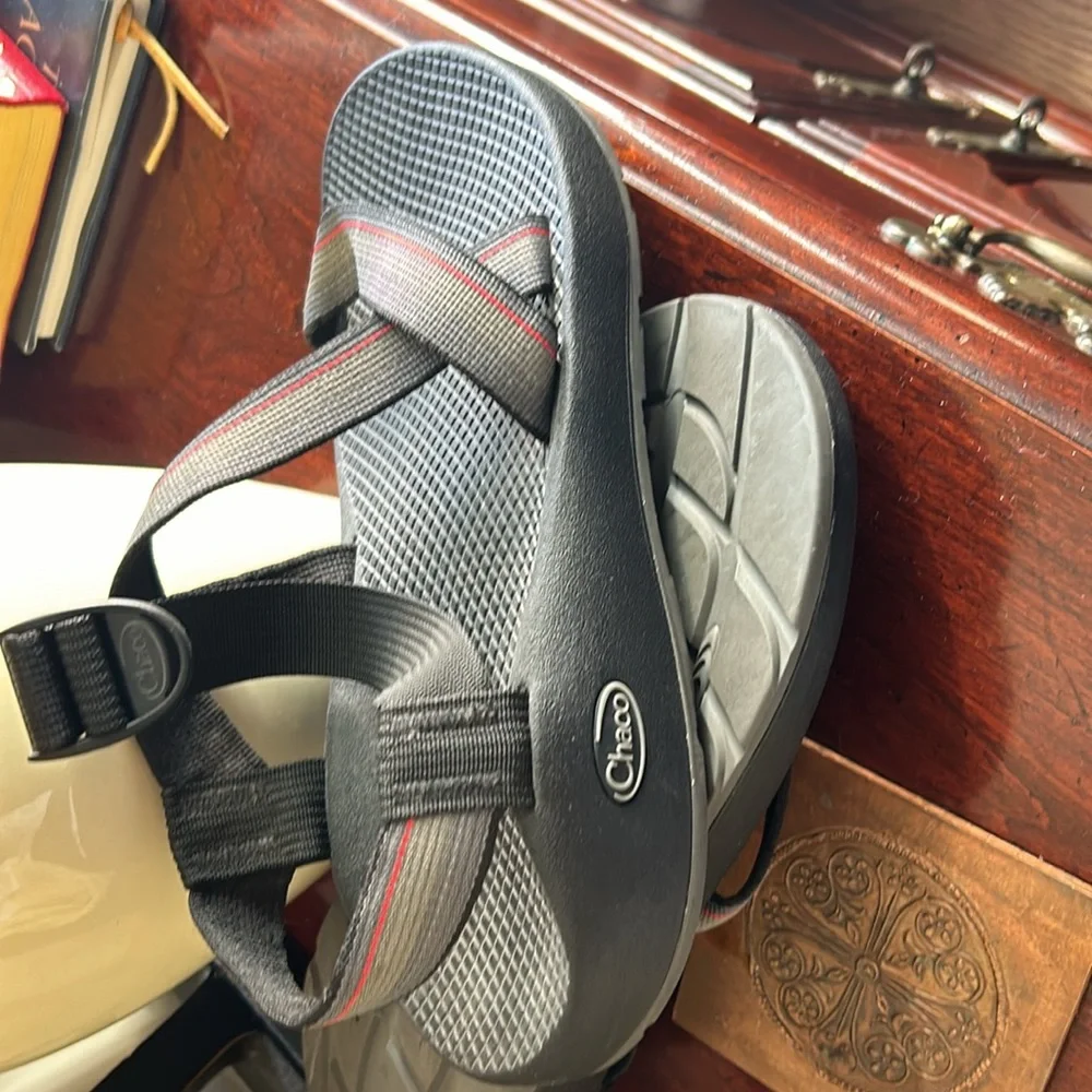 Chaco Black, Gray and Red Sandals.